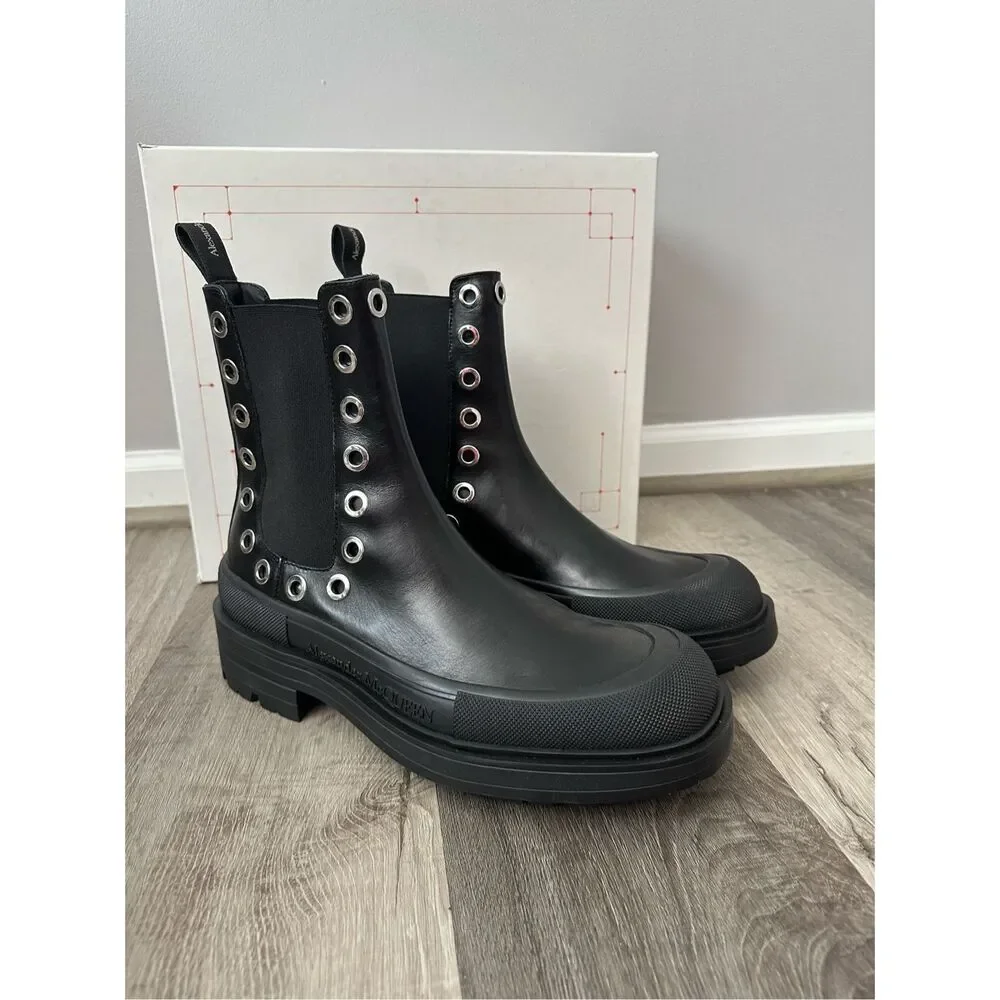 Alexander McQueen Leather Grommet Eyelet Detailed Chelsea Boots US 12 $1150